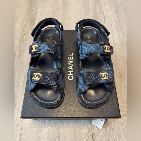 Shoes - Chanel Blue Quilted Sandals with Gold Accents